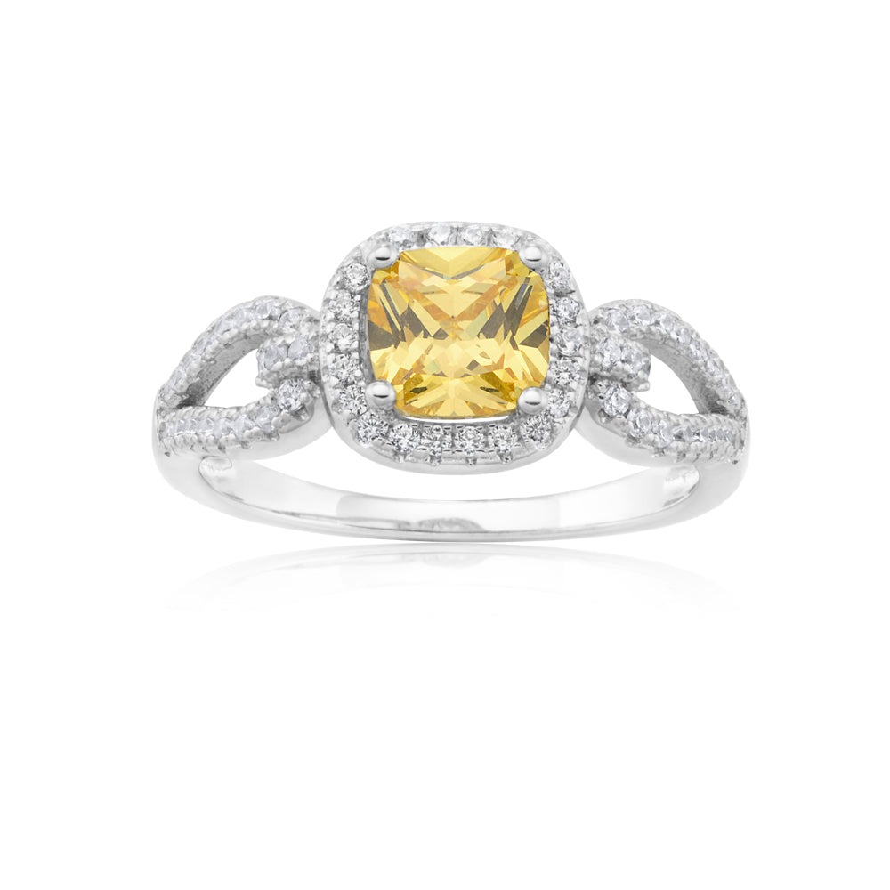 Sterling Silver Yellow Cushion Cut and White Round Zirconia Ring