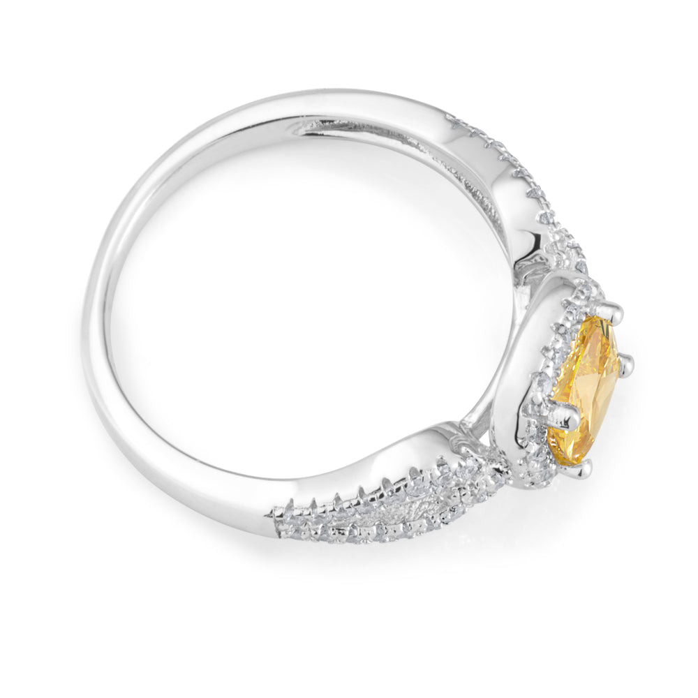 Sterling Silver Yellow Cushion Cut and White Round Zirconia Ring