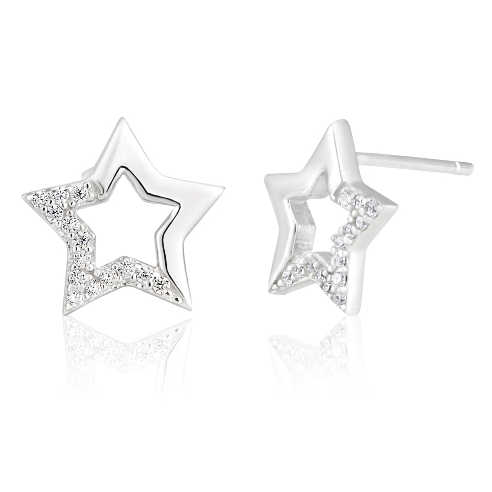 Sterling Silver Zirconia Open Star Stud Earrings SS