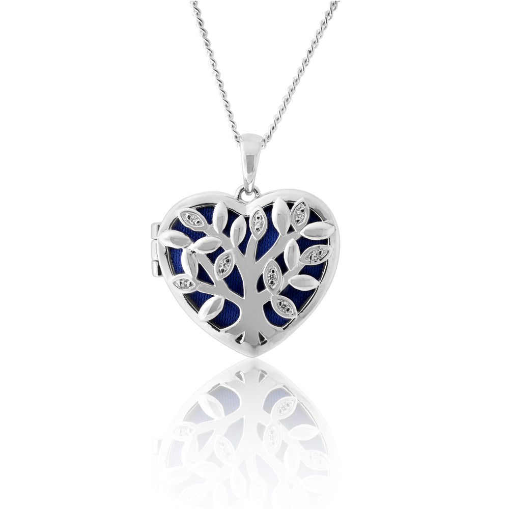 Sterling Silver Cubic Zirconia Tree of Life Locket with Blue Velvet Pendant