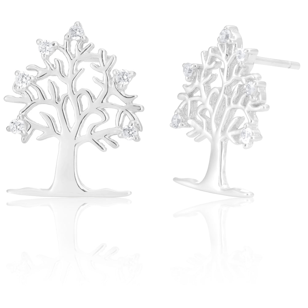 Sterling Silver Cubic Zirconia Tree of Life Stud Earrings