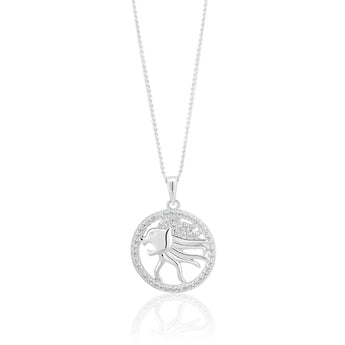 Sterling Silver Cubic Zirconia Leo Horoscope Round 19mm x 26mm Pendant