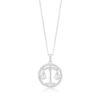 Sterling Silver Cubic Zirconia Libra Horoscope Round 19mm x 26mm Pendant