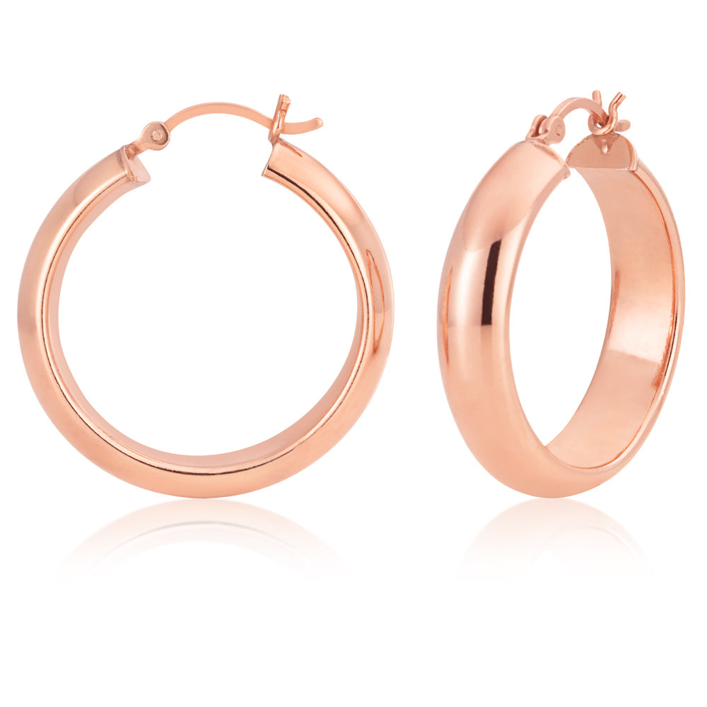 Sterling Silver Rose Gold Plated 30mm Half Round Hoop Earrings