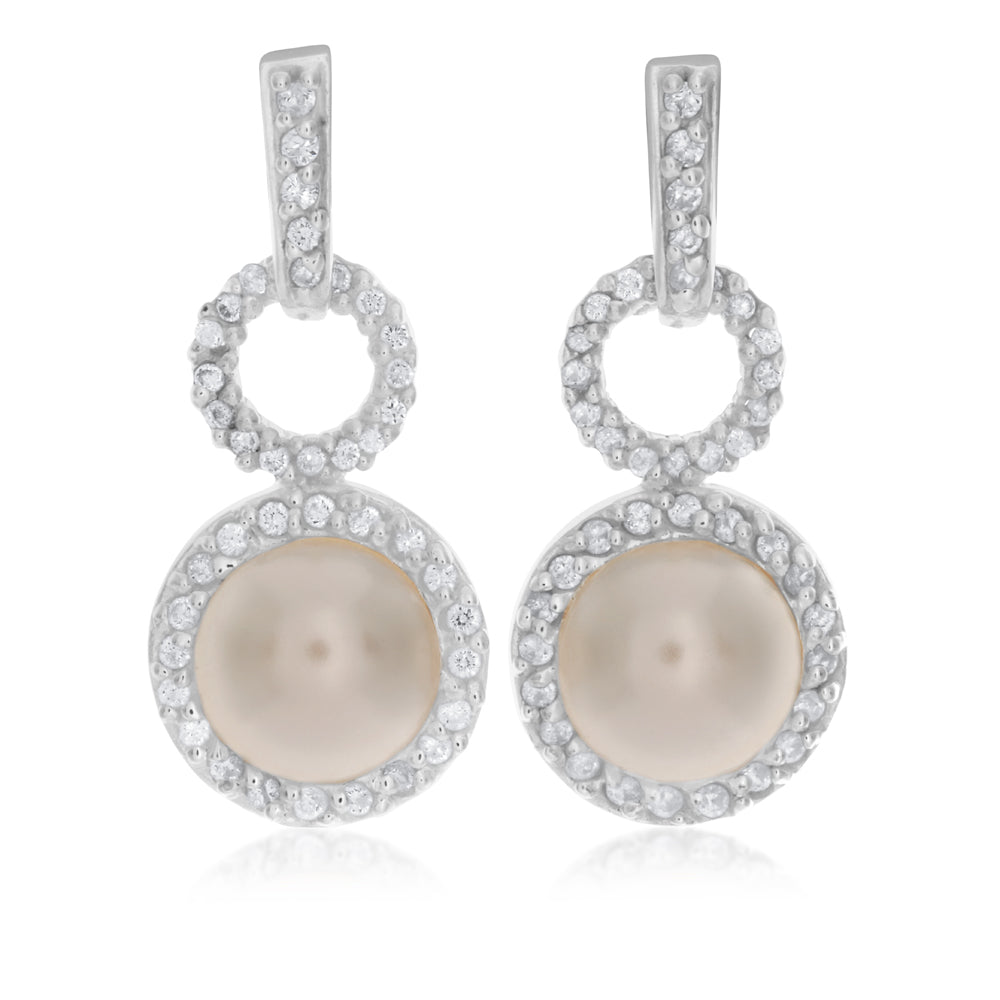 Sterling Silver Simulated Pearl and Zirconia Fancy Drop Earrings