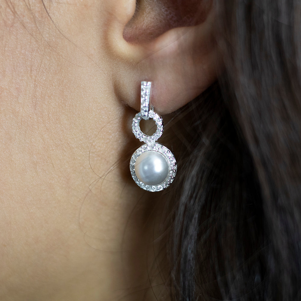 Sterling Silver Simulated Pearl and Zirconia Fancy Drop Earrings