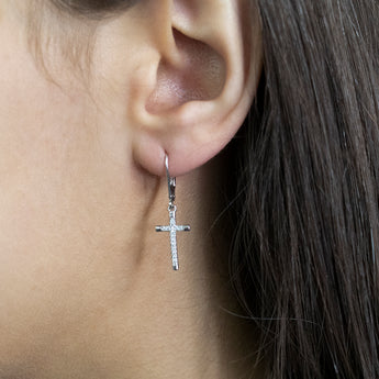 Sterling Silver Zirconia Cross Lever Back Earrings
