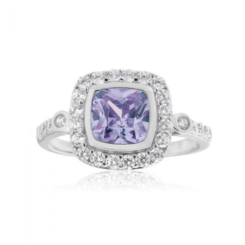 Sterling Silver Lavender and White Zirconia Square Halo Ring