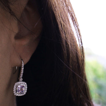 Sterling Silver Lavender and White Zirconia Sqaure Drop Earrings