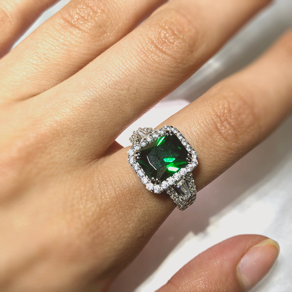 Sterling Silver Green and White Zirconia Halo Cushion Cut Ring