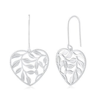 Sterling Silver Heart with Leaves Drop Earrings