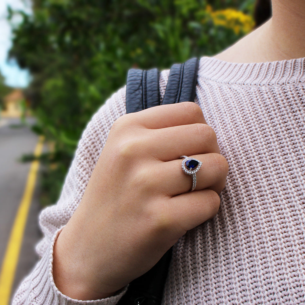 Sterling Silver Created Sapphire and Zirconia Set Ring *Resize 1-2 Sizes Up*