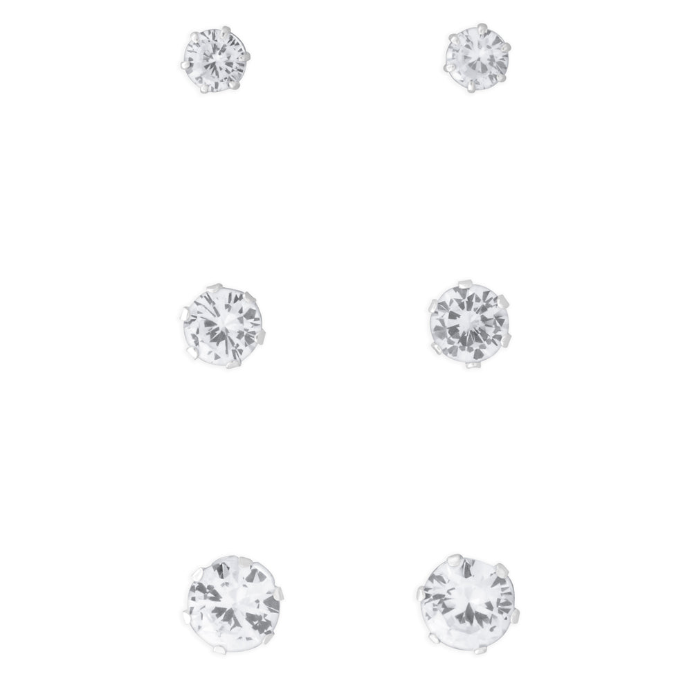 Sterling Silver Multi Size Zirconia 3 Stud Earring Set