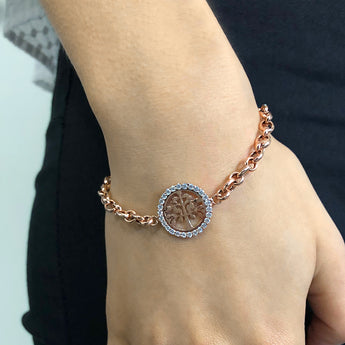 Sterling Silver Rose Plated 19cm Fancy Zirconia Disc on Belcher Bracelet