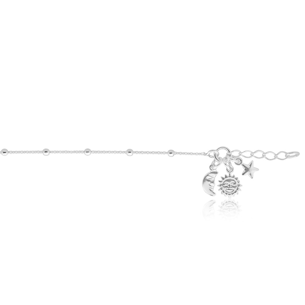 Sterling Silver 25cm Sun Moon and Star Charm Anklet