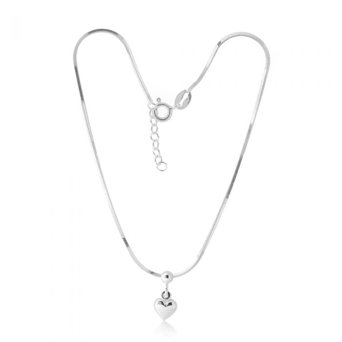Sterling Silver Heart Charm 25cm Box Link Anklet