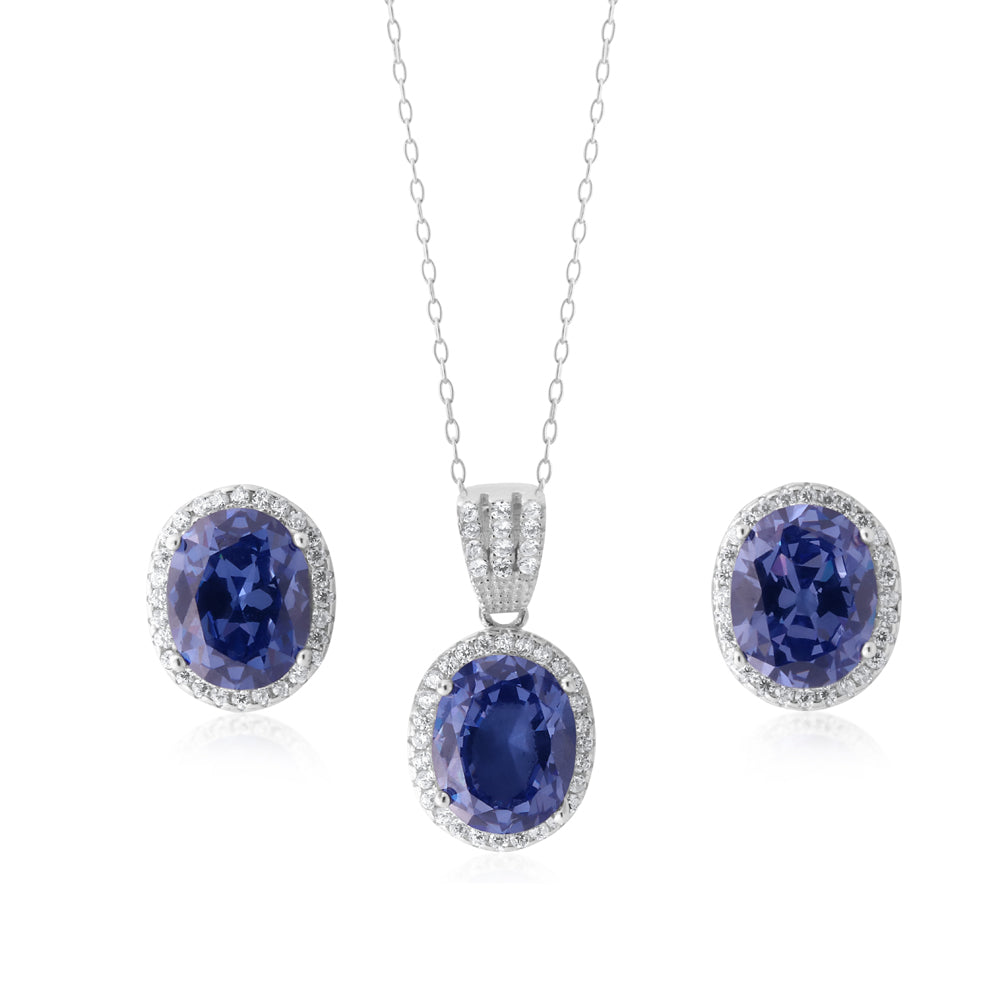 Sterling Silver Cobalt and White Zirconia Pendant and Stud Earring Set with Chain