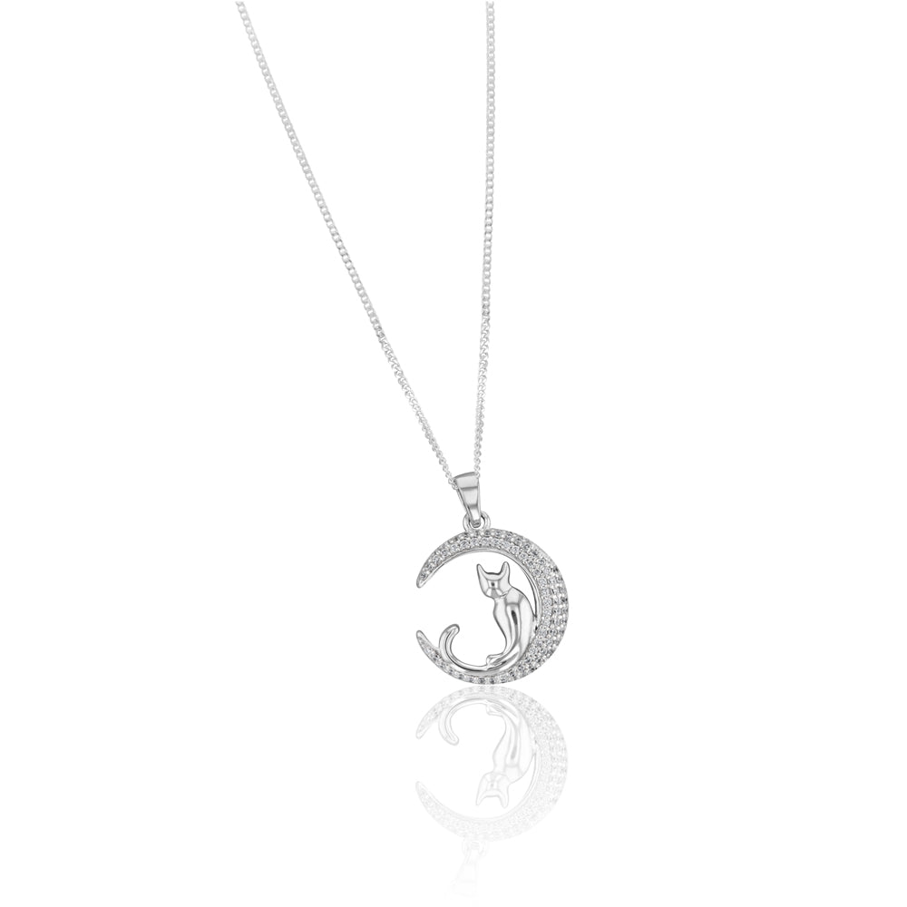 Sterling Silver Cubic Zirconia Crescent Moon with Cat Pendant