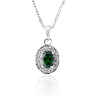 Sterling Silver Created Emerald and Zirconia Oval Pendant