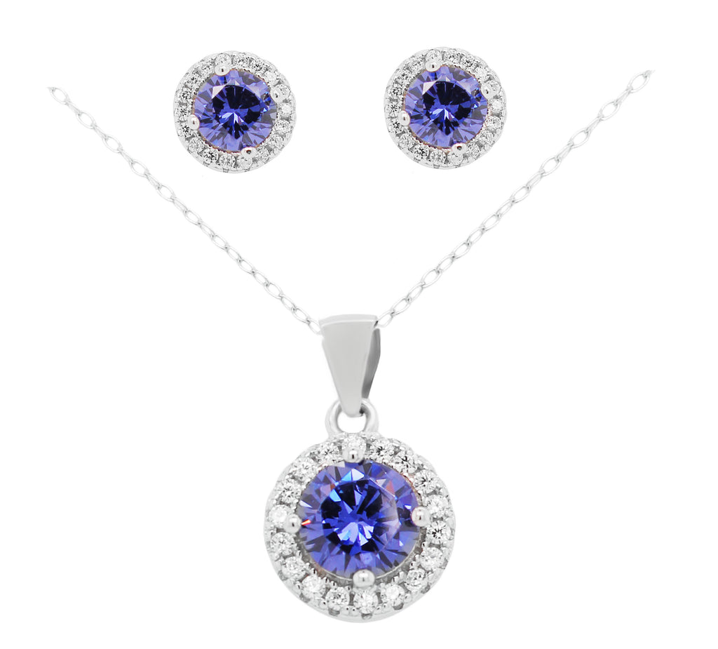 Sterling Silver Cobalt and White Zirconia Pendant and Stud Earring Set with Chain