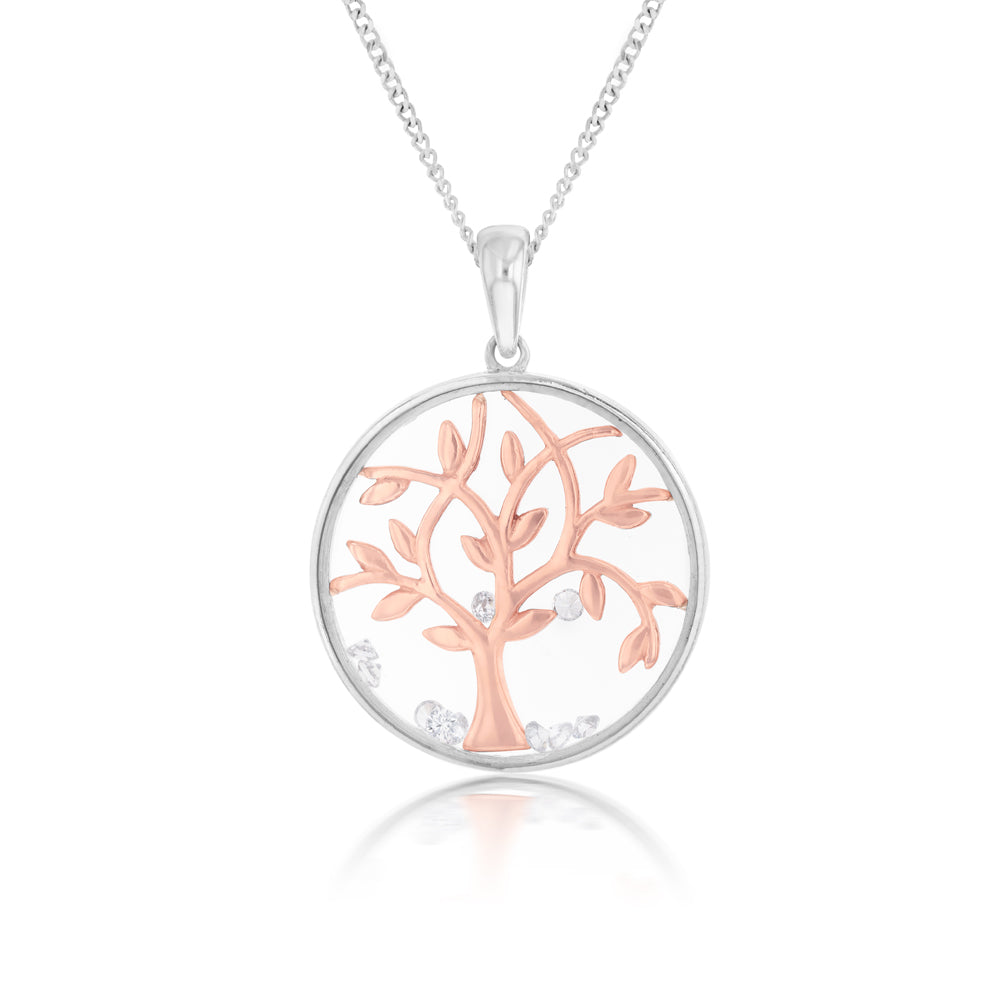 Sterling Silver Moving Encased Zirconia Tree of Life Pendant