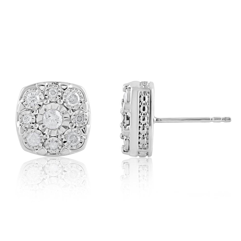 Silver 1/2 Carat Stud Diamond Earrings with 18 Diamonds 10mmx10mm