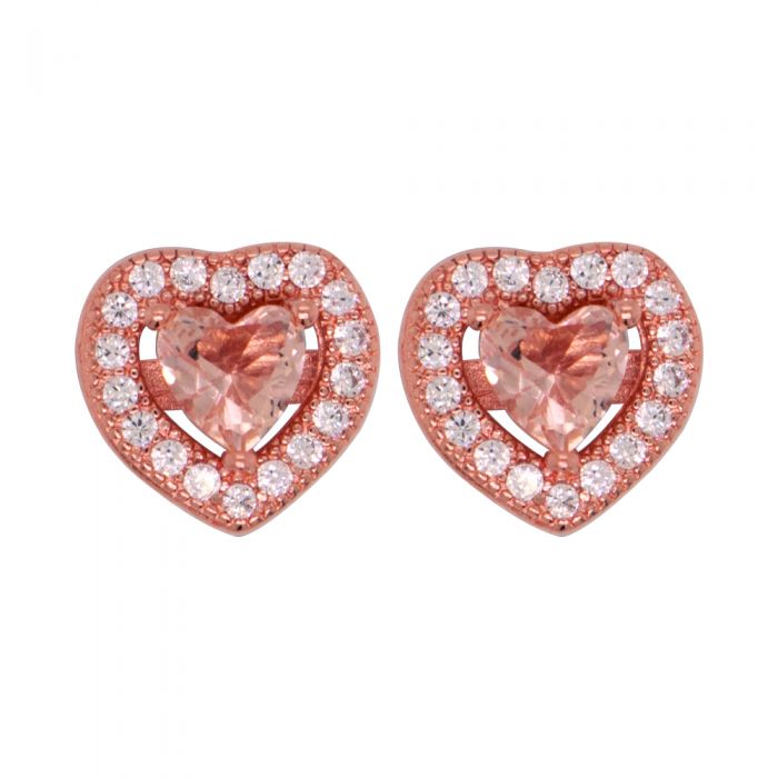 Sterling Silver Rose Plated Zirconia Heart Studs