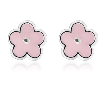 Sterling Silver Pink Enamel Flower Studs