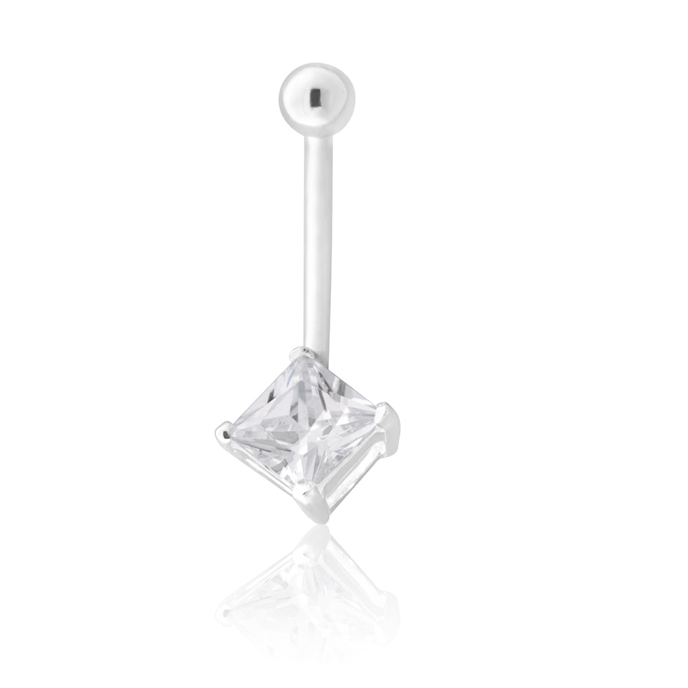 Sterling Silver Belly Bar Zirconia Square