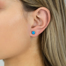 Load image into Gallery viewer, Sterling Silver 6mm Simulated 4 Claw Blue Opal Stud Earrings