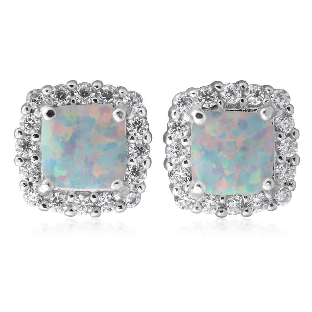 Sterling Silver 6mm Simulated Opal Square Halo Stud Earrings