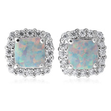 Load image into Gallery viewer, Sterling Silver 6mm Simulated Opal Square Halo Stud Earrings