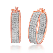 Load image into Gallery viewer, Sterling Silver Rose Gold Plated 3 Row 7mmx25mm Stardust Hoops