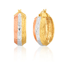 Load image into Gallery viewer, Sterling Silver 9mmx25mm Rose and Gold Plated Patterned Fancy Hoop Earrings