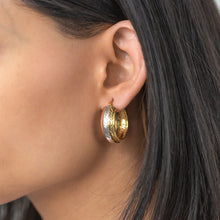 Load image into Gallery viewer, Sterling Silver 9mmx25mm Rose and Gold Plated Patterned Fancy Hoop Earrings
