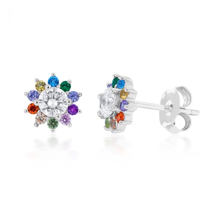 Sterling Silver Rainbow Multicoloured Crystal Flower Stud Earrings