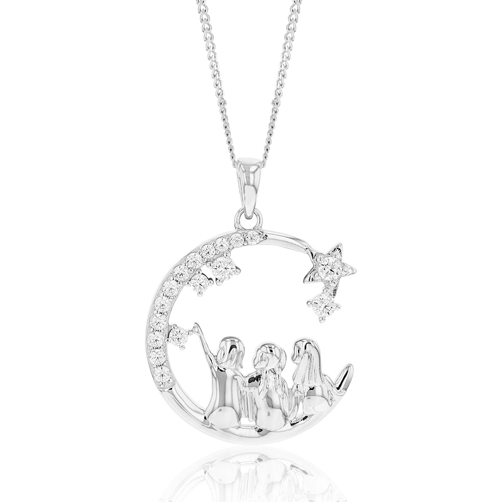 Sterling Silver And Rhodium Cubic Zirconia Half Moon With Three Sisters Pendant