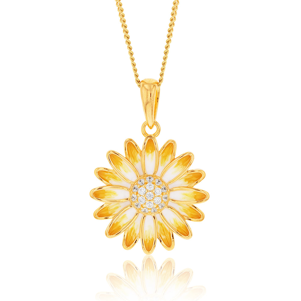 Gold Plated Sterling Silver And Enamel Sunflower Pendant