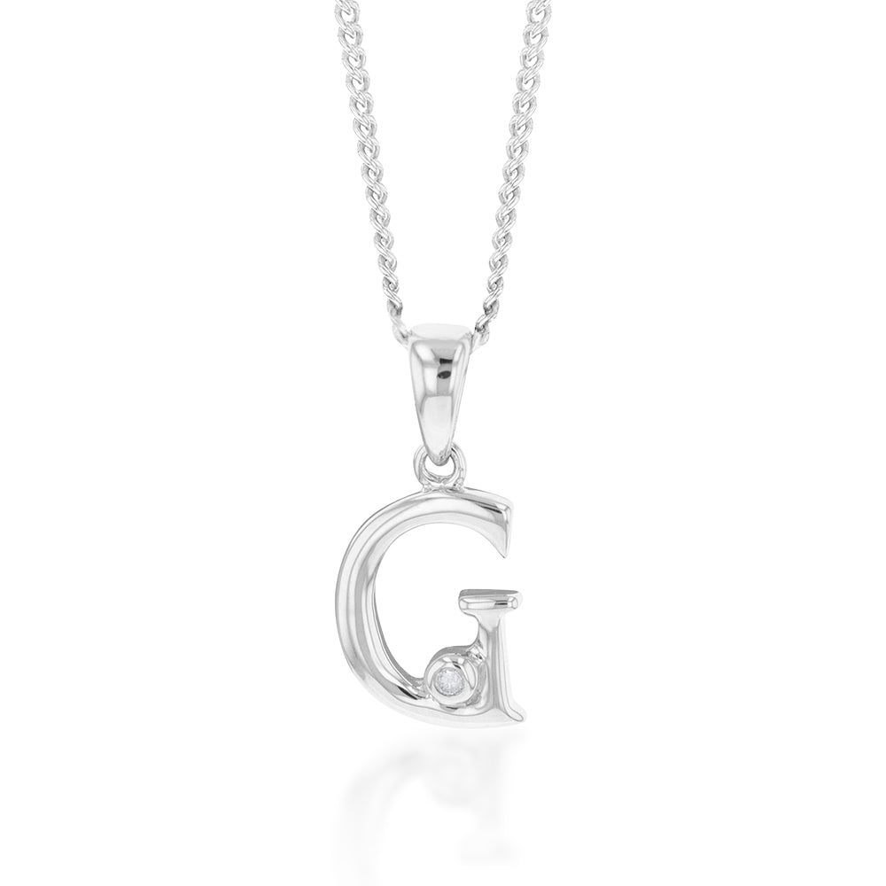 Silver Pendant Initial G Set with Diamond