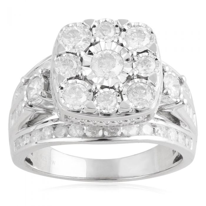 Sterling Silver 2 Carat Cushion Shape Diamond Dress Ring