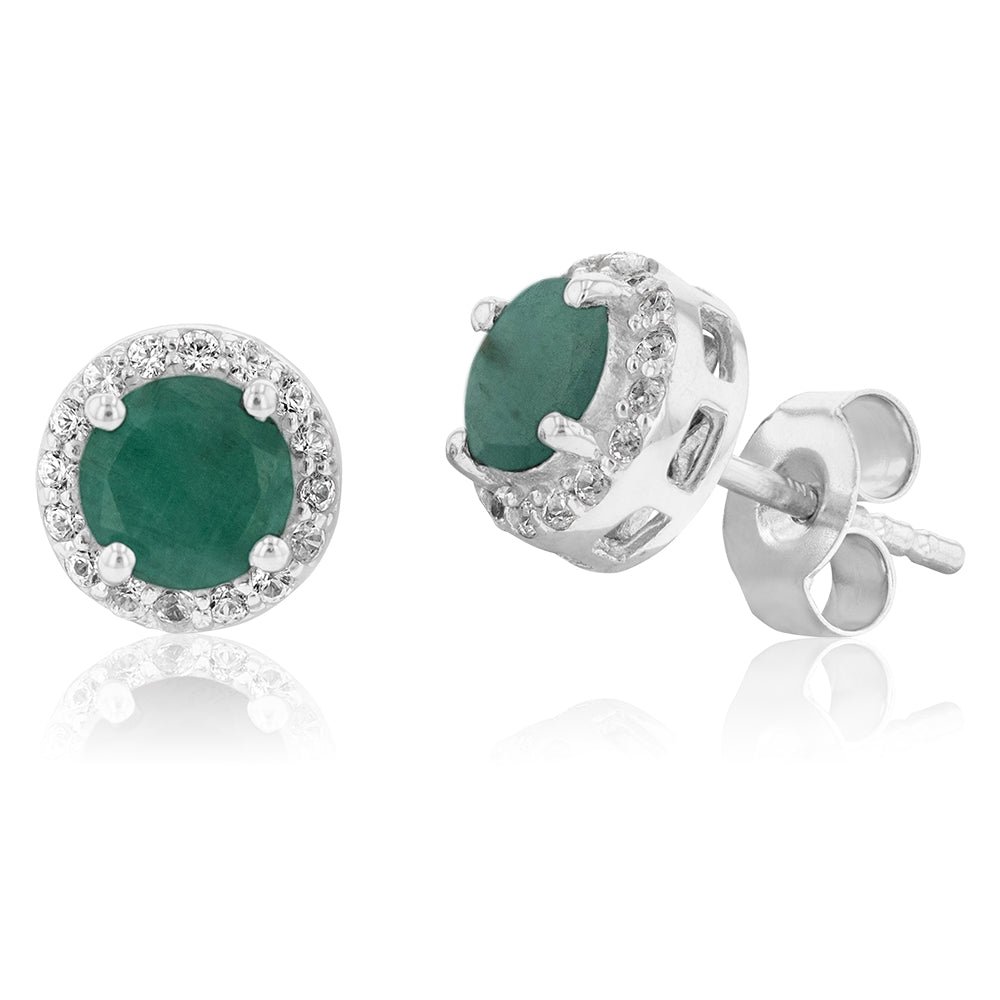 Sterling Silver Natural Enhanced Emerald and White Zircon Stud Earrings