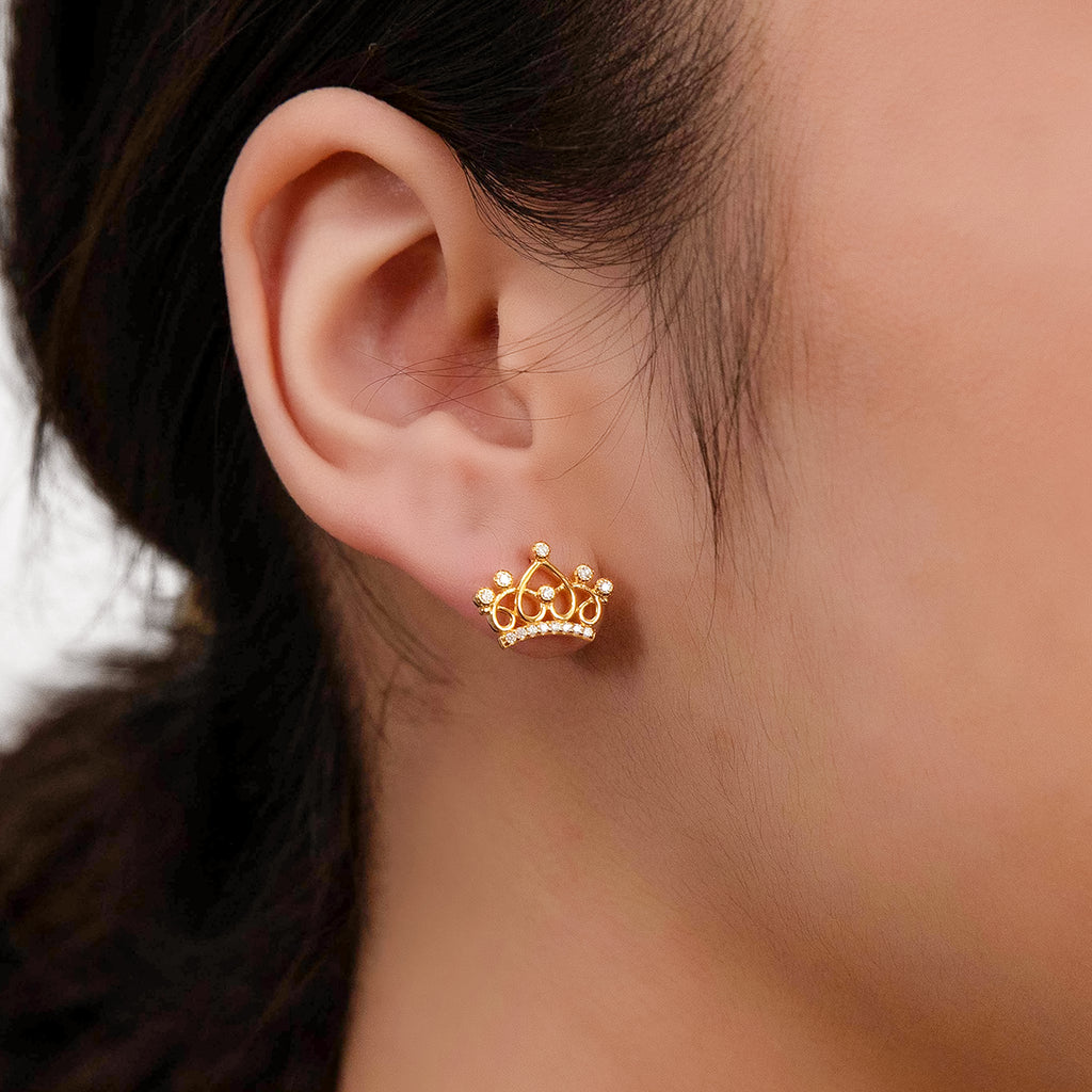 Gold Plated Sterling Silver Fancy Crown With Cubic Zirconia Stud Earrings
