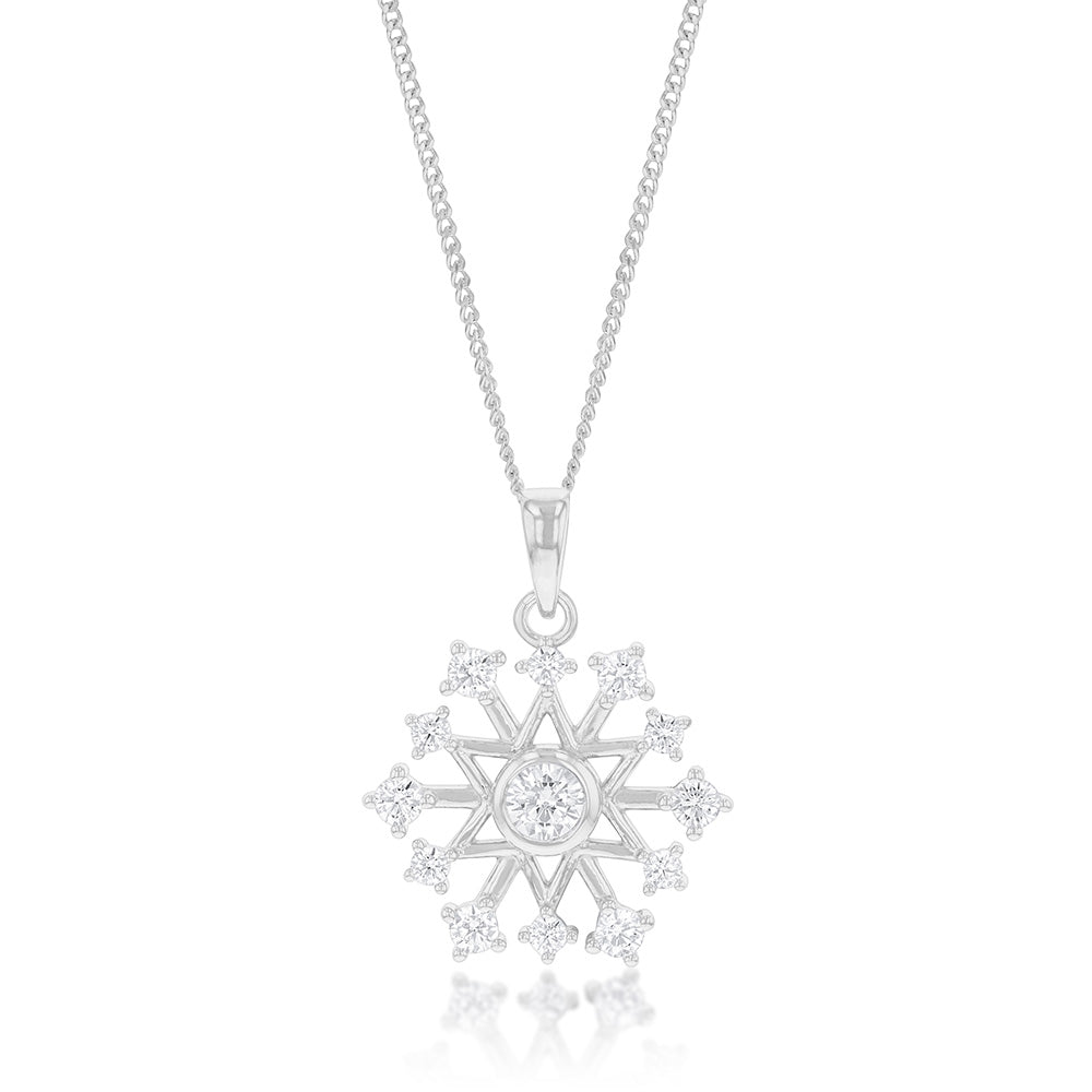 Sterling Silver Cubic Zirconia On Snowflake Pendant