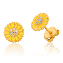 Load image into Gallery viewer, Gold Plated Sterling Silver Cubic Zirconia And Enamel Sunflower Stud Earrings