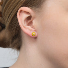 Load image into Gallery viewer, Gold Plated Sterling Silver Cubic Zirconia And Enamel Sunflower Stud Earrings