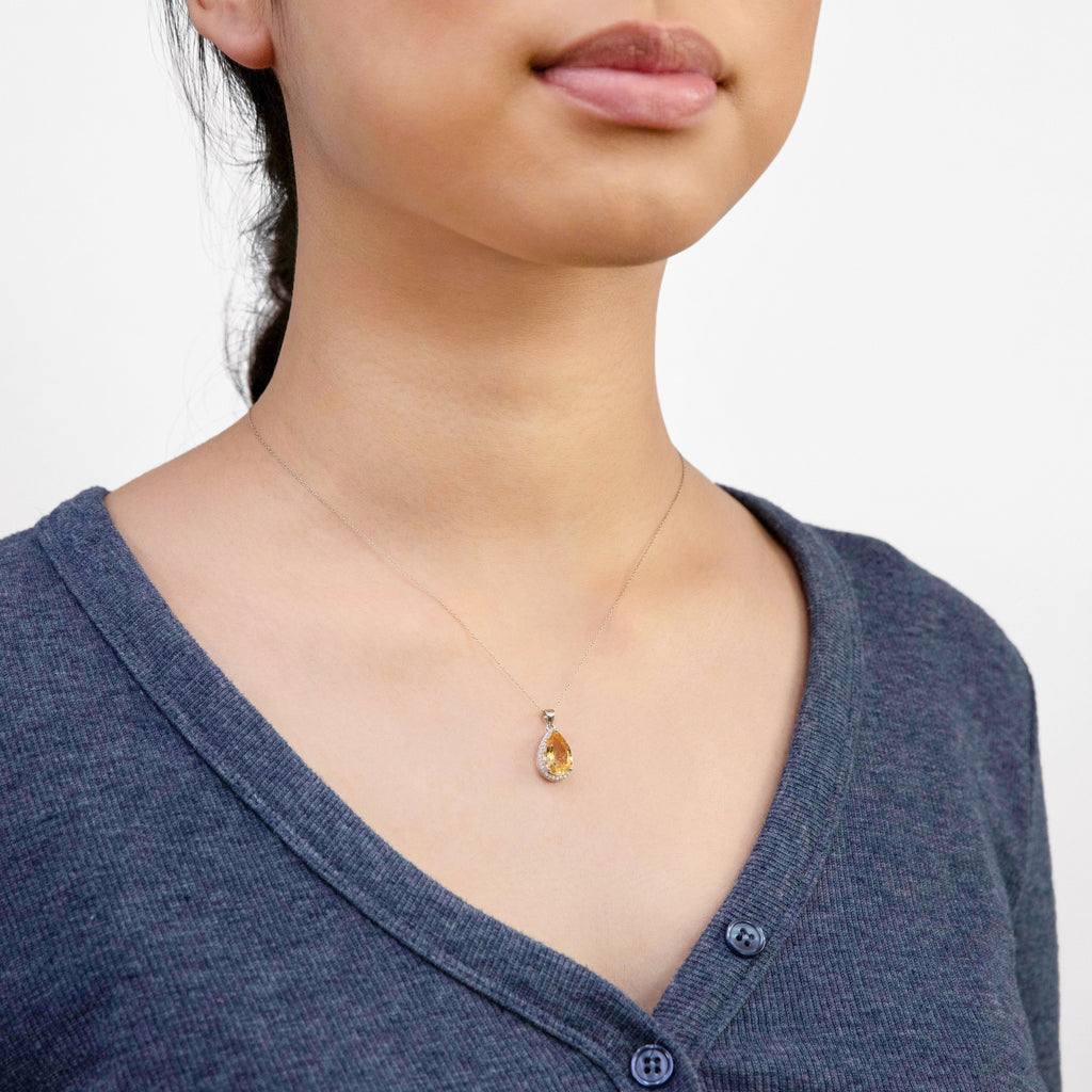 Sterling Silver Citrine and Zirconia Pear Pendant on Chain