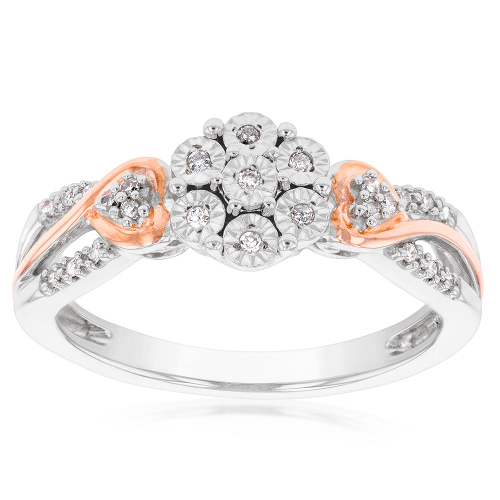 Silver 0.10 Carat Diamond Blossom Cluster Ring with Rose Gold Rhodium ...