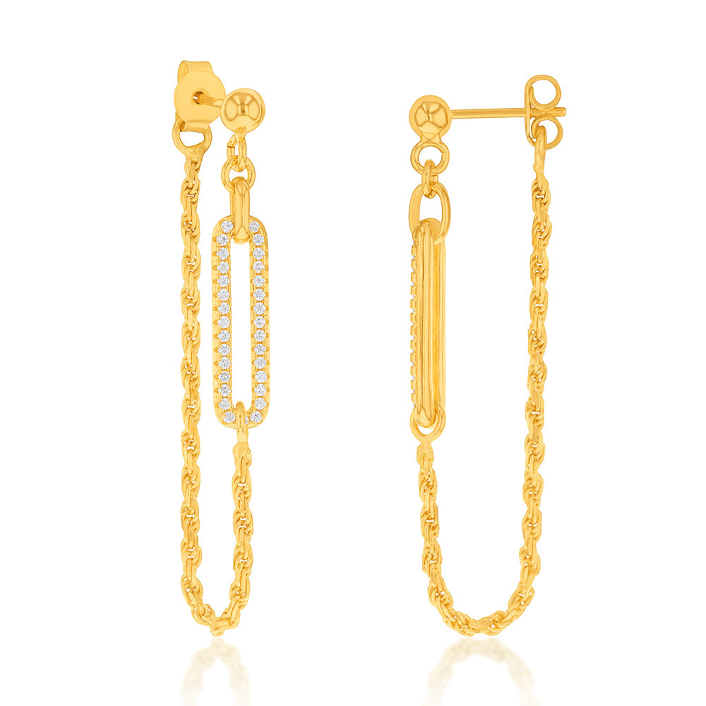 Yellow Gold Plated Sterling Silver CZ On Open Rectangle And Chain Earrings