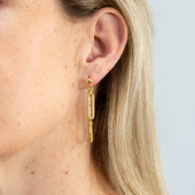 Load image into Gallery viewer, Yellow Gold Plated Sterling Silver CZ On Open Rectangle And Chain Earrings