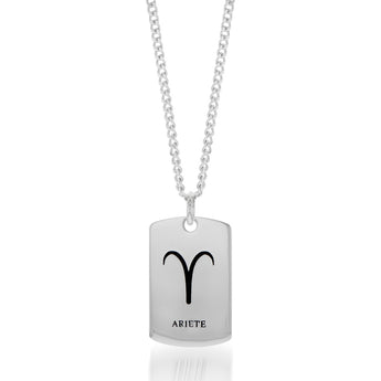 Sterling Silver Dog Tag With Aries Zodiac/Star Sign Pendant
